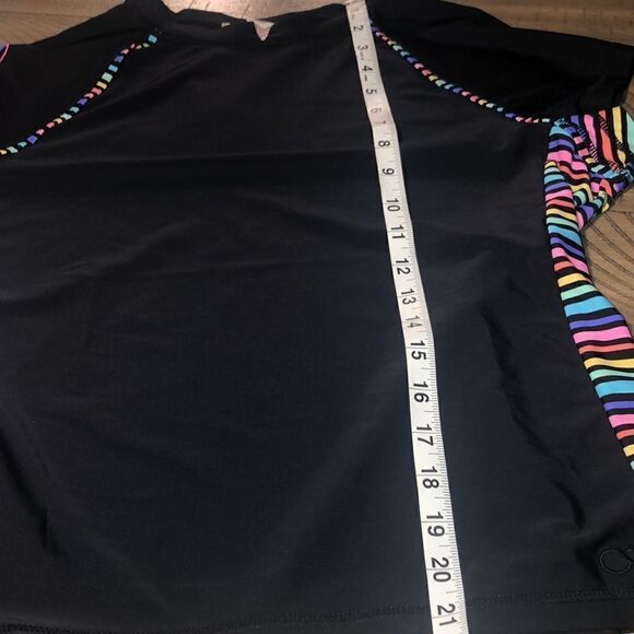 OP Peace ☮️ and Rainbow 🌈 Rash Guard Swim Shirt. Black Contrast Rainbow Piping - Picture 8 of 17